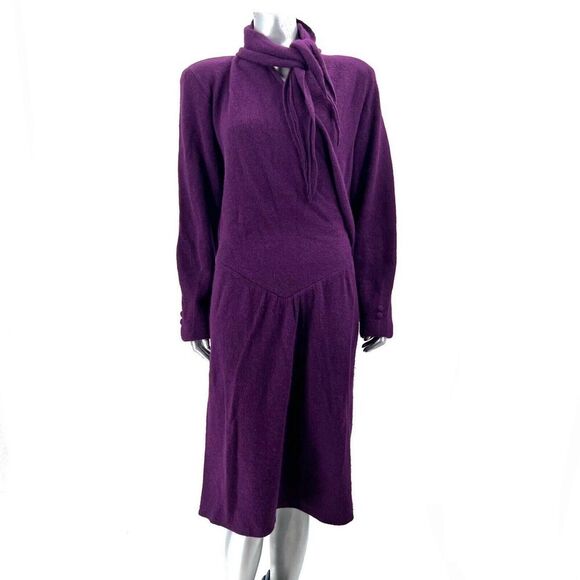 VTG Vicunol Argentina Purple Merino Angora Wool Long Slv Sweater Dress & Sash - Picture 1 of 10